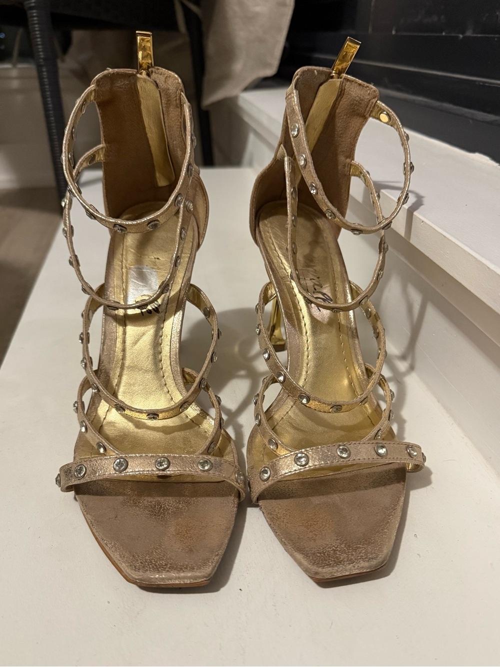 L'INTERVALLE Metallic Gold Studded Strappy Heels